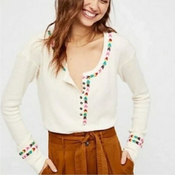 Free People Tops - FREE PEOPLE WE THE FREE RAINBOW MULTI HENLEY THERMAL EMBROIDERED WOMEN’S XS